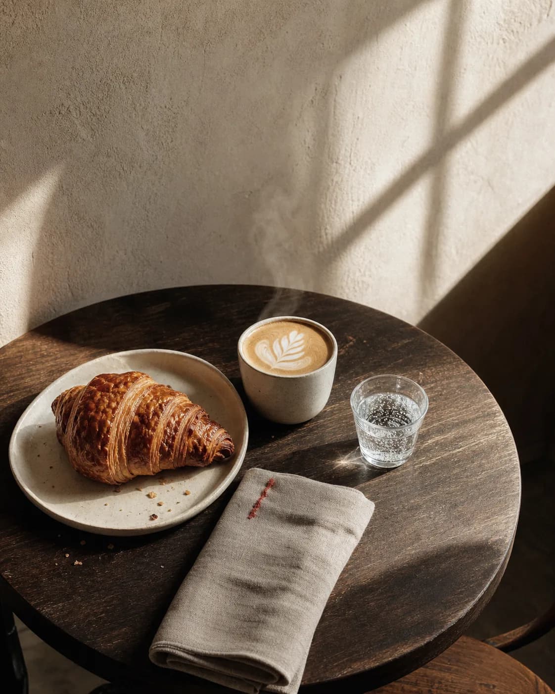Croissant and flat white on a sunlit café table