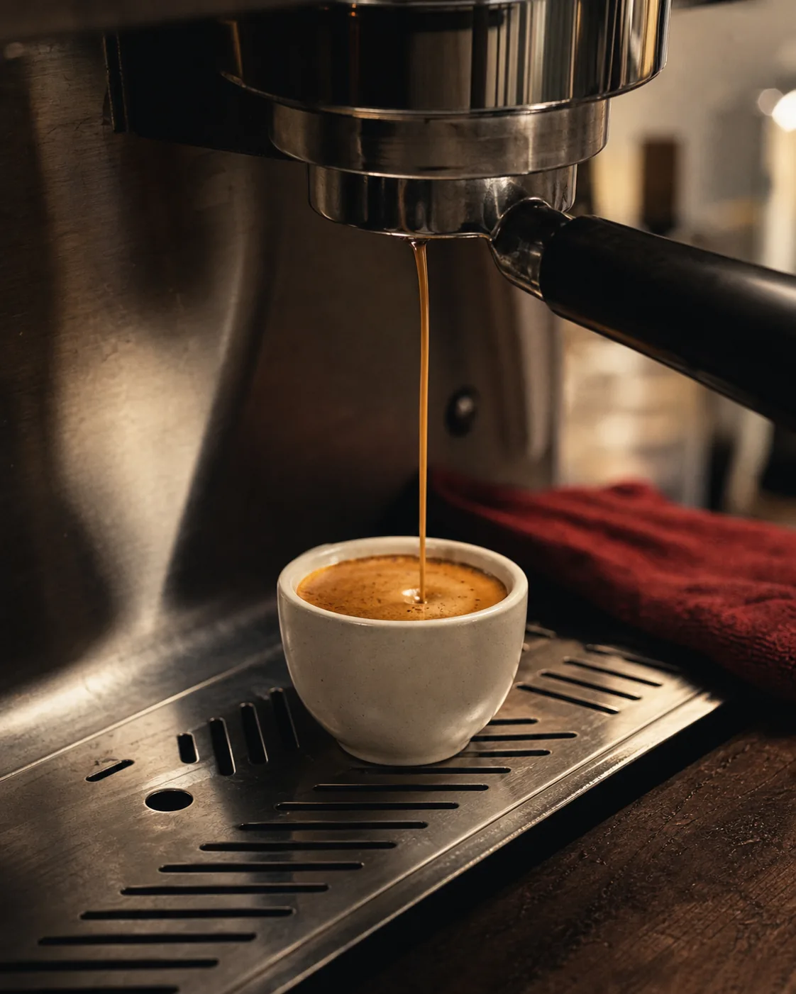 Fresh espresso pouring into a cream ceramic cup